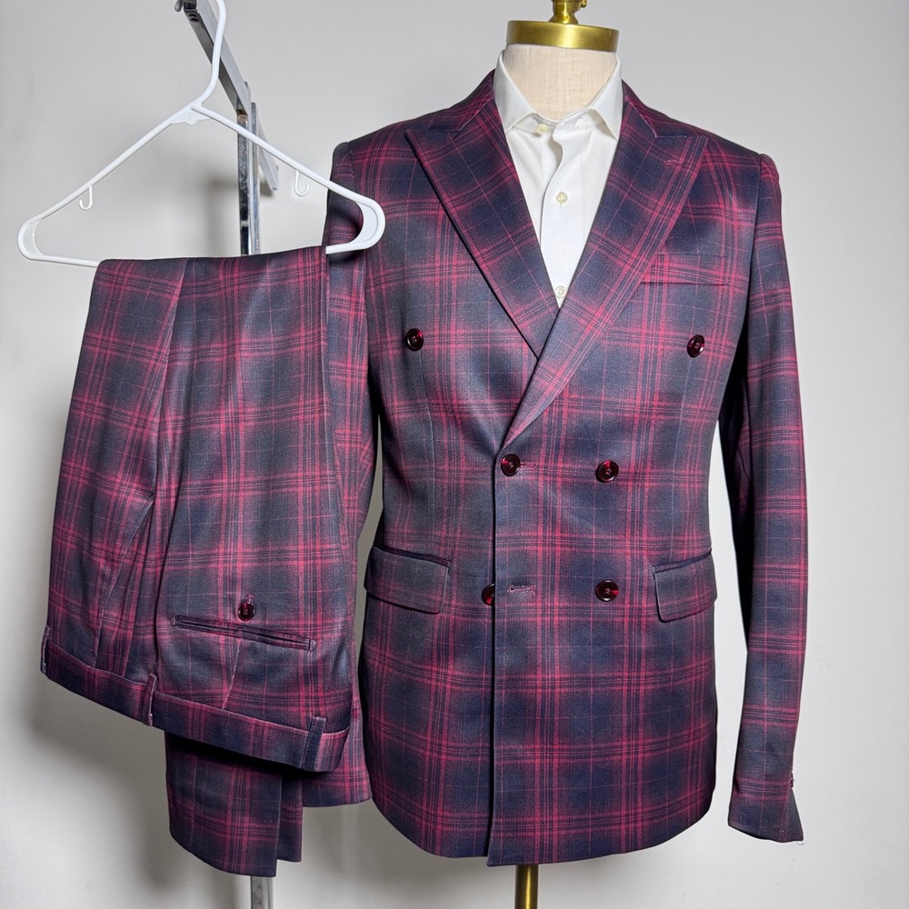 Suslo Couture 2 Piece Suit Mens 40R 34x30 Red Black Plaid Double Breasted Peak